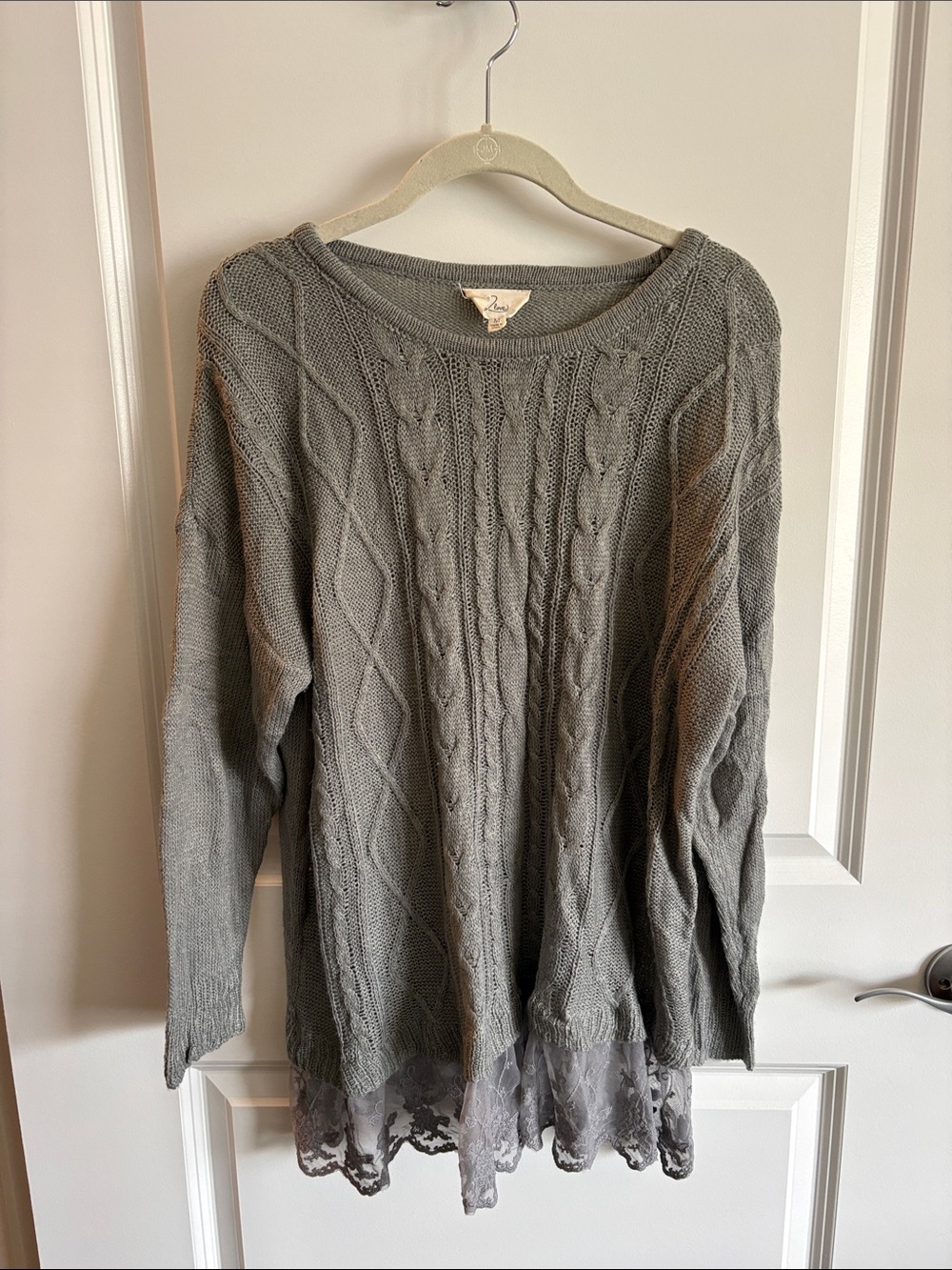 Love Gray Cable-Knit Crewneck Sweater with Lace Hem